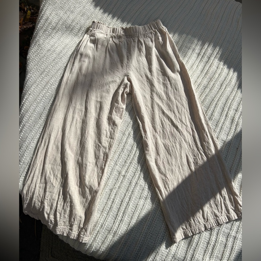 Cream Linen Wide-Leg Pants, Size L, Emery Rose